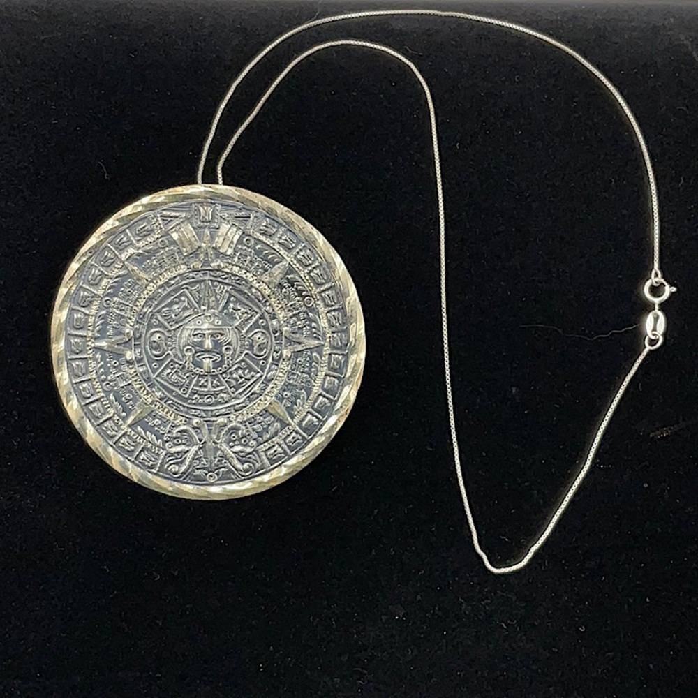 Vtg.17” Sterling Silver Necklace With Signed Sterling Silver 925 Mayan Sun God - Picture 4 of 8